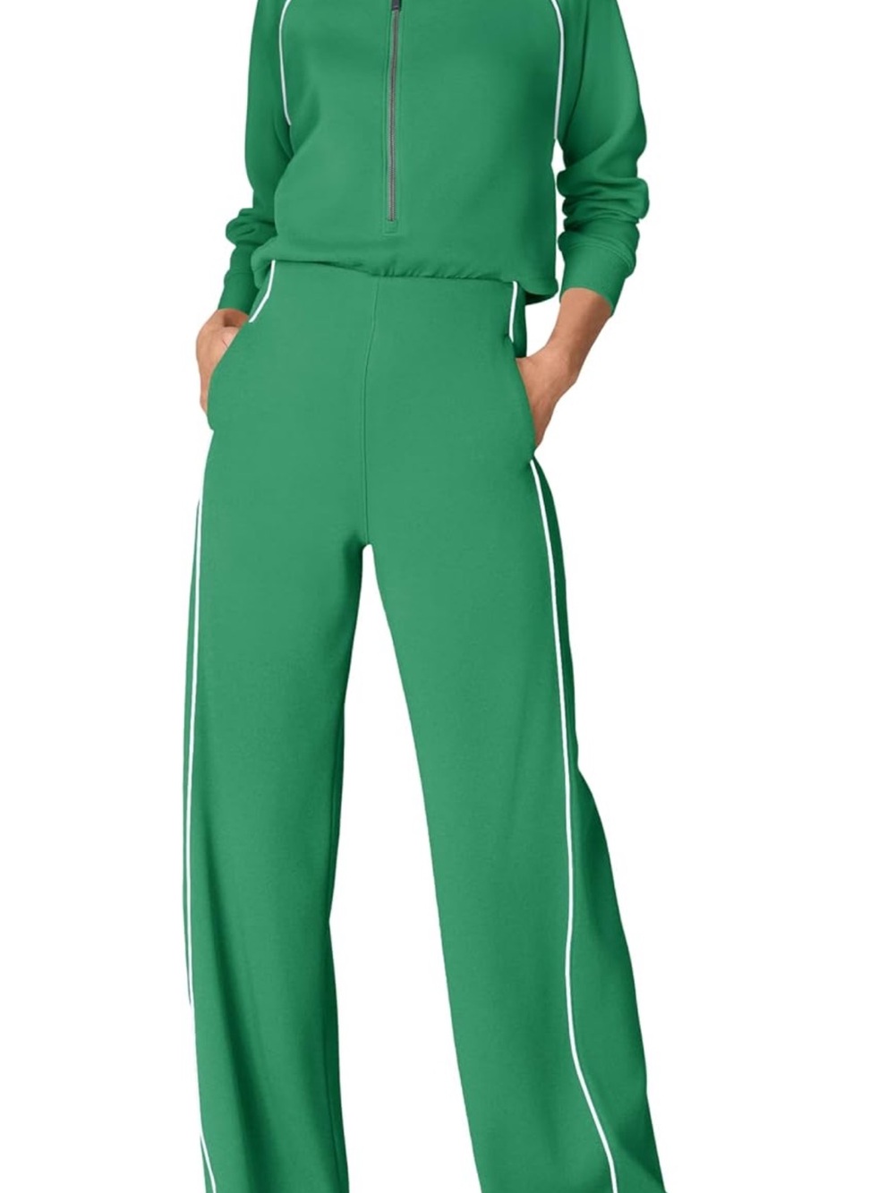 Green Wide-Leg Zip-Neck Jumpsuit with White Piping easy potty feature 💚 - Picture 2 of 7
